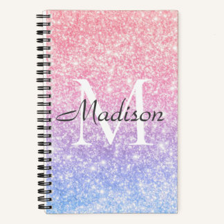 Colorful Blue roze ombre Glitter Name Monogram Notitieboek