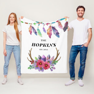Colorful Boho Feathers and Flowers Custom Family Fleece Deken