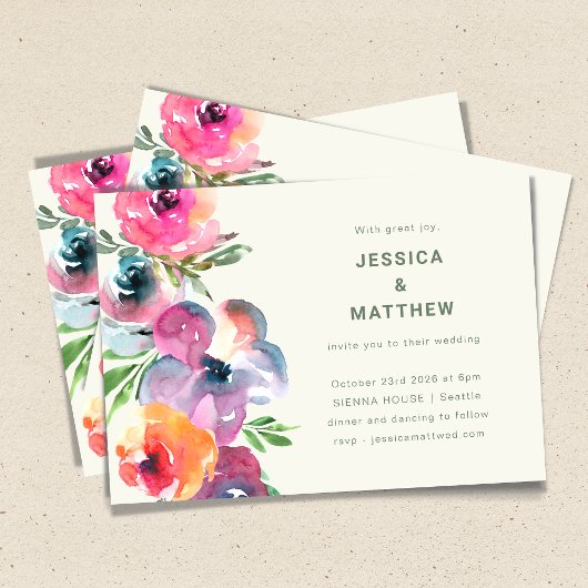 Colorful Boho Waterverf Flowers Simple Wedding Kaart