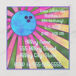 Colorful Bowling Birthday Party Invite Retro 80s Kaart