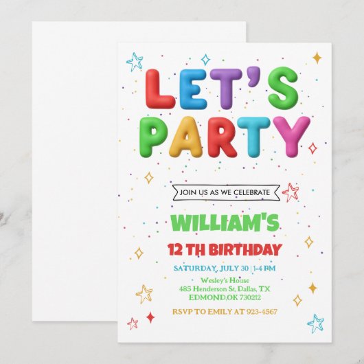 Colorful Bright Birthday Party Invitation Kaart (Voorkant / Achterkant)