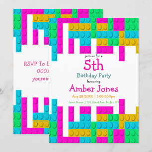 Colorful Building Block Girl Birthday Party Invite