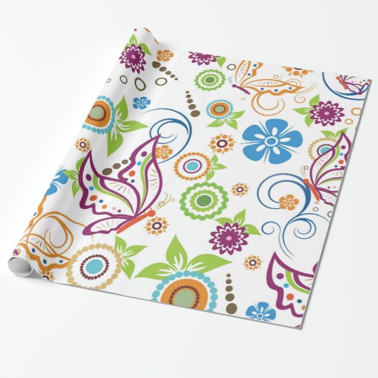 Colorful Butterflies and Flowers Patroon Cadeaupapier (Uitgerold)