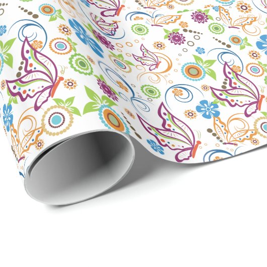 Colorful Butterflies & Flowers Pattern Monogramed Cadeaupapier (Rol Hoek)