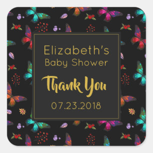 Colorful Butterflies Patroon op Black Event Bedank Vierkante Sticker