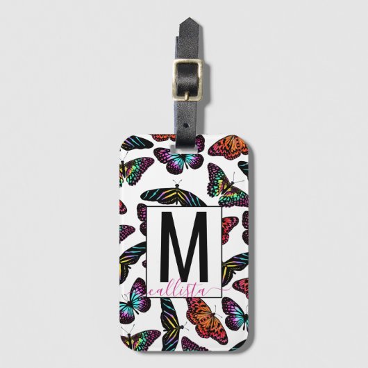 Colorful Butterflies Waterverf Pattern Monogram Bagagelabel (Voorkant (verticaal))