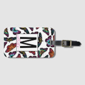 Colorful Butterflies Waterverf Pattern Monogram Bagagelabel (Voorkant (horizontaal))