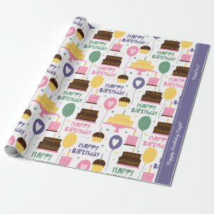 Colorful Cake Pattern Happy Birthday met naam Cadeaupapier