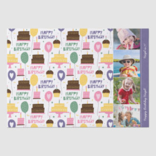 Colorful Cake Pattern Happy Birthday met naam foto Tissuepapier