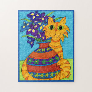 Colorful Cat Irises Flowers Vase Cartoon Folk Art Legpuzzel