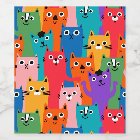 Colorful cats pattern wijn etiket (Enkel label)