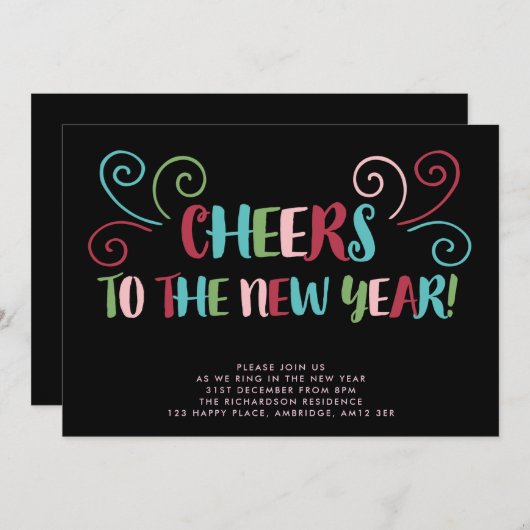 Colorful Cheers New Year's Eve Party Invitation (Devant / Derrière)