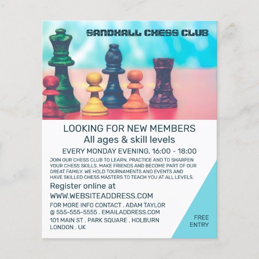 Colorful Chess Piecks, Chess Club Adverteren Flyer (Voorkant)
