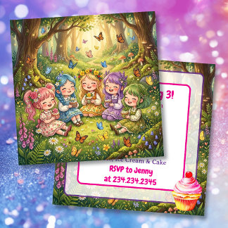 Colorful Chibi Girls with Cupcakes Birthday Party Kaart