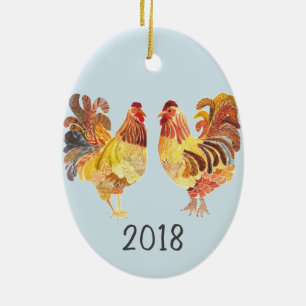 Colorful Chicken Pair Keepomwille Jaar Keramisch Ornament