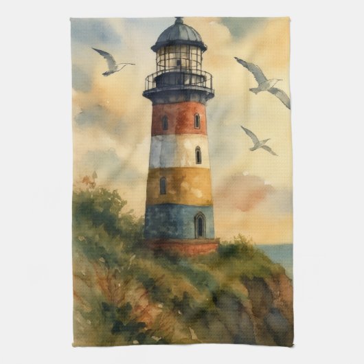 Colorful Coastal Lighthouse Kitchen Towel Theedoek (Verticaal)