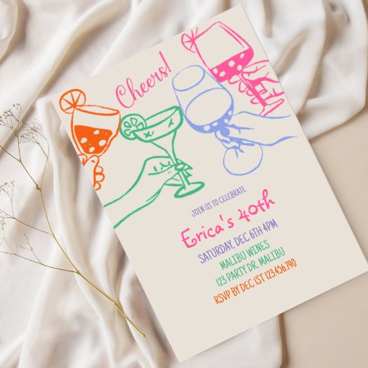 Colorful Cocktail Line Art Birthday Invitation |