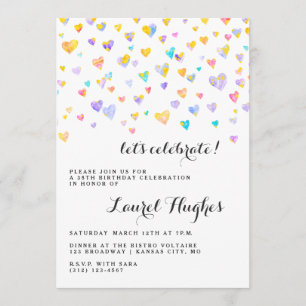 Colorful Confetti Hearts Birthday Party Invitation Kaart