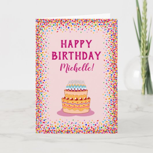 Colorful Confetti Pink Cake Birthday Celebration Kaart (Voorkant)