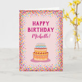 Colorful Confetti Pink Cake Birthday Celebration Kaart (Gele Bloem)