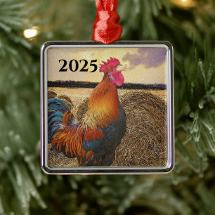 Colorful Crowing Rooster en Hay Bales Metalen Ornament