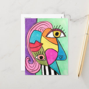 Colorful Cubism Abstract Face Fun Whimsical Art Briefkaart