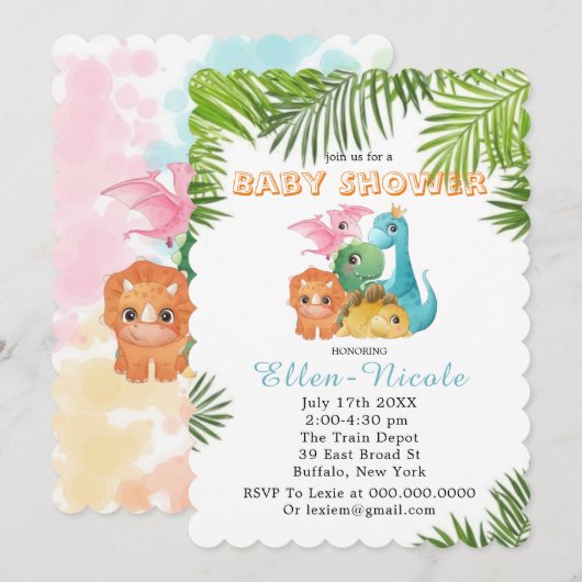 Colorful Cute Dinosaurs Baby Shower Invitations Kaart (Voorkant / Achterkant)