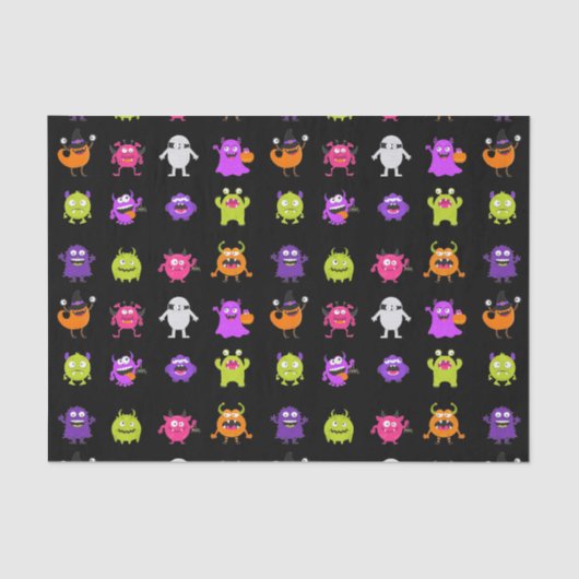 Colorful Cute Halloween Monsters op Black Tissuepapier (Voorkant)