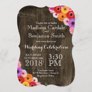 Colorful Daisies Rustic Barn Wood Wedding Invites Kaart