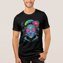 Colorful Dia de los Muertos Face Art with Floral  Tri-Blend Shirt