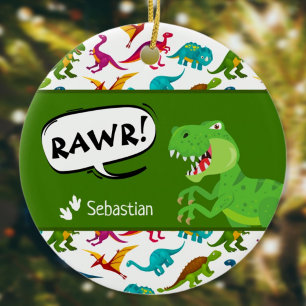 Colorful Dinosaur Pattern met Name T-Rex Christma Keramisch Ornament