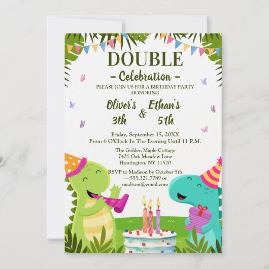 Colorful Dinosaurs Kids Joint Birthday Invitation (Devant)