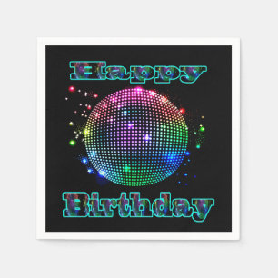 Colorful Disco Ball Happy Birthday op Black Napkin Servet