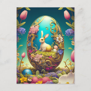 Colorful Easter Egg, Bunny and Spring Flowers Briefkaart
