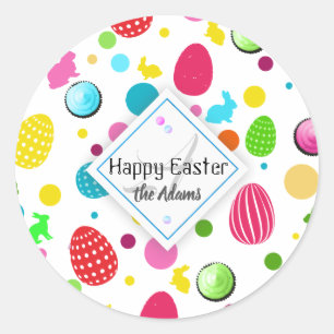 Colorful Easter Eggs, Bunnies, Cupcakes Monogram Ronde Sticker