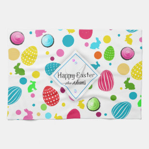 Colorful Easter Eggs, Bunnies, Cupcakes Monogram Theedoek