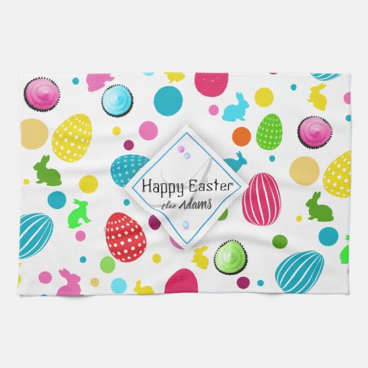 Colorful Easter Eggs, Bunnies, Cupcakes Monogram Theedoek (Horizontaal)