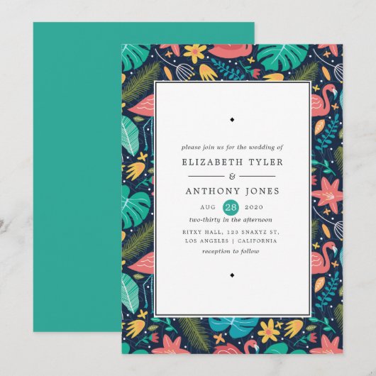 Colorful Exotic Tropical Flamingo Wedding Kaart (Voorkant / Achterkant)