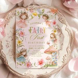 Colorful Fairy First Birthday Enchanted garden Kaart