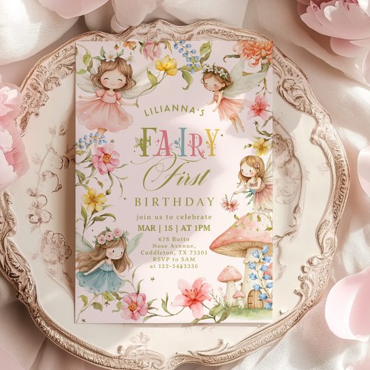 Colorful Fairy First Birthday Enchanted garden Kaart