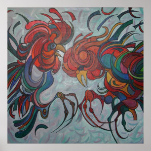 Colorful Farmyard Roosters Poster