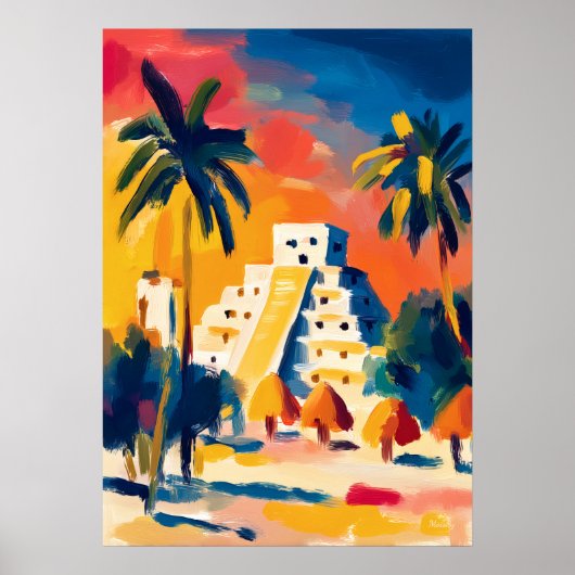 Colorful Fauvist Chichen Itza Pyramid Art Poster (Voorkant)