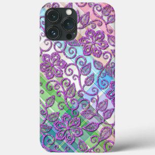 Colorful Faux Pink Glitter Floral Art Patroon iPhone 13 Pro Max Hoesje