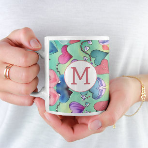 Colorful Feminine Heart Pattern Creative Initiaal Koffiemok