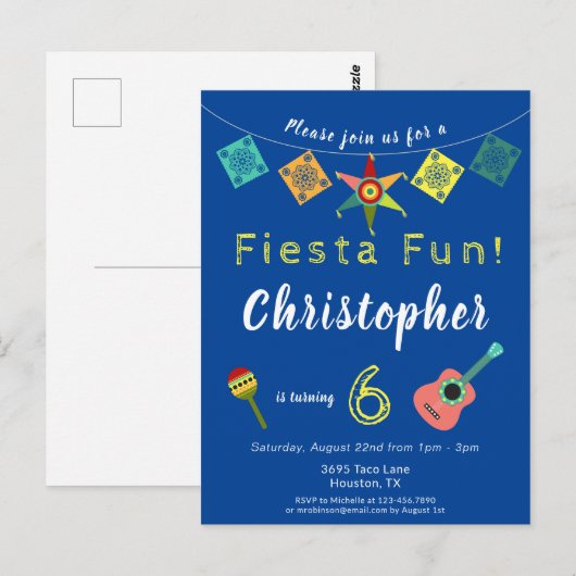 Colorful Fiesta Boys Birthday Party Invitation Briefkaart (Voorkant / Achterkant)