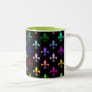Colorful fleur de lis patroon op zwarte tongen tweekleurige koffiemok