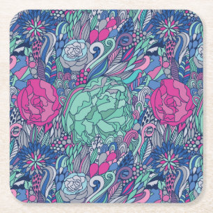 Colorful Floral Doodle Pattern Vierkante Kartonnen Onderzetter