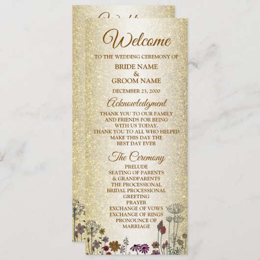 Colorful Floral Golden Glitter Wedding Programme (Voorkant / Achterkant)