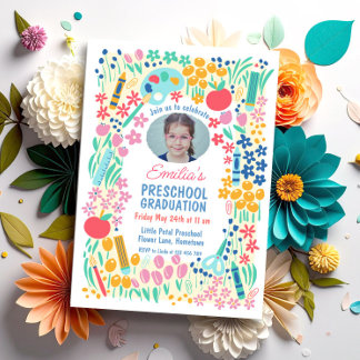 Colorful Floral Photo Preschool Graduation Kaart