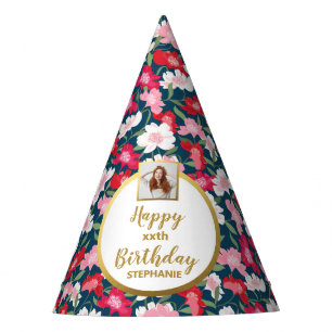 Colorful Floral Print Custom Photo Happy Birthday Feesthoedjes